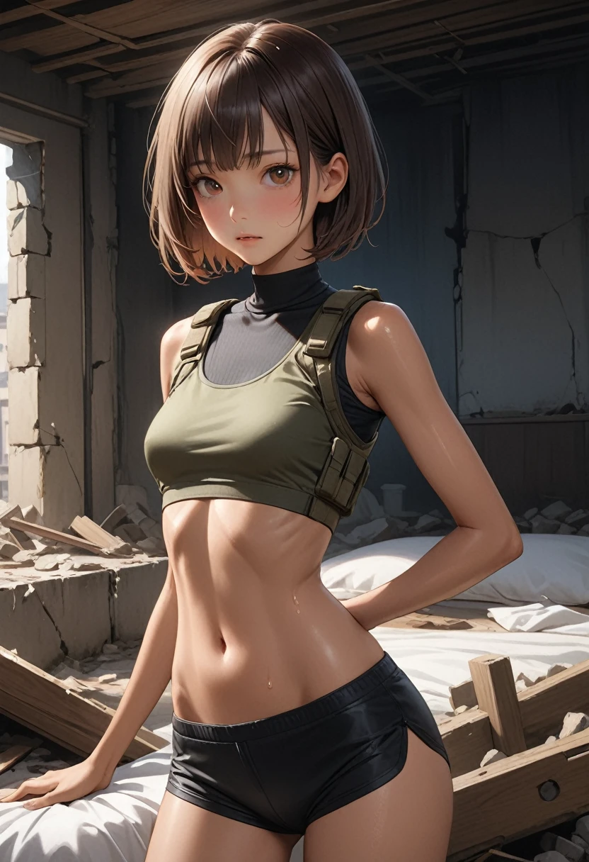 (masterpiece,Highest quality:1.3,best quality illustration,realistic),cowboy shot,1woman,30 year old Japanese beauty,Special Forces Female Soldier、((very small head:1.2)),brown short bob hair,bangs,brown eyes,gorgeous eyes,blush,small breasts,((very long body:1.2)),((toned body,slender body,skinny,tan skin)),(Black turtleneck、Short sleeve、Black tactical vest、Black shorts),gleaming skin,shiny skin,sweat,standing,Simple bed、Simple bedroom、Collapsed building、ruins、at night、