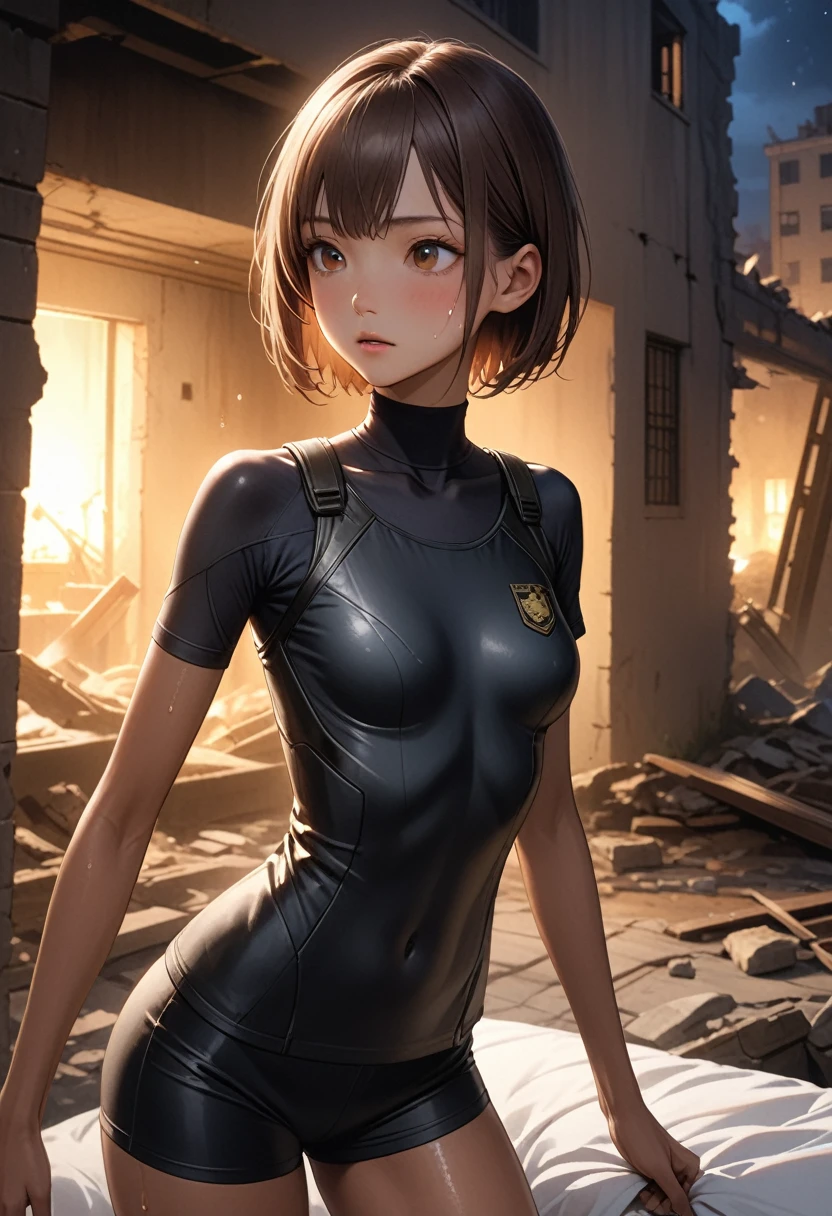 (masterpiece,Highest quality:1.3,best quality illustration,realistic),cowboy shot,1woman,30 year old Japanese beauty,Special Forces Female Soldier、((very small head:1.2)),brown short bob hair,bangs,brown eyes,gorgeous eyes,blush,small breasts,((very long body:1.2)),((toned body,slender body,skinny,tan skin)),(Black turtleneck、Short sleeve、Black tactical vest、Black shorts),gleaming skin,shiny skin,sweat,standing,Simple bed、Simple bedroom、Collapsed building、ruins、at night、