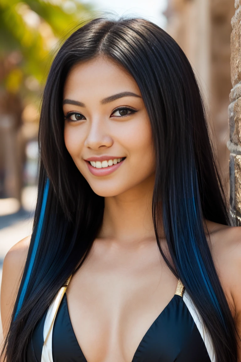 arafed woman with long black hair with deep blue highlights sitting on a bench , flowing black hair, with black hair, photo of a beautiful woman, long flowing black hair, black golden hair, curly black hair, beautiful young asian woman, beautiful asian woman, wild ginger hair, black wispy hair, light black hair, a young asian woman, an asian woman, infp young woman, Portrait photo of a 24-year-old french girl in RAW UHD format (Brown-eyed woman), Details (textures! , Hair! , glistering, Color!! , imperfections: 1.1), DSLR Lighting, SLR camera, Ultra-Quality, sharpness, Film grain (Downtown), Fujifilm XT3, Crystal clear, Frame Center, beatiful face, ((sharp-focus)), bokeh (lit), day time, (open sky), detailed skin pores, oilly skin, suntan, Complex eye details, beautiful face, (((smiling))), gold jewelry, egyptian style ((egyptian style golden bikini)), nsfw, ((arms stretced to the sides))), (((ultra sharp image))),