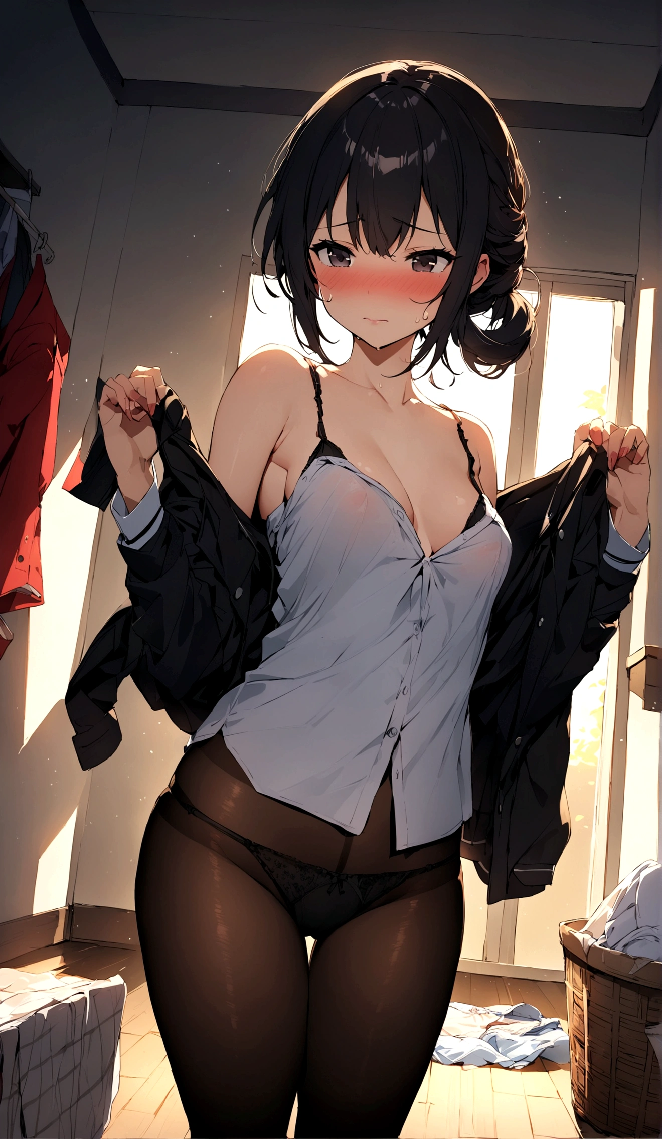 Ultra HD、Highest quality,Striptease、Morning、Embarrassed、pantyhose、pantyhoseの下のパンティー、Laundry basket、Used panties、Worn out pantier.々Panties、Panties scattered、The room is full of panties、high school girl、Change of clothes、Undressing scene、Voyeur-style angle、Long black hair、While taking off clothes、Glamorous Style