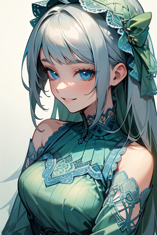 (masterpiece: 1.2, Highest quality), (Actual Photos, Intricate details), 1. woman, alone, Upper Body, casual, Shoulder-length hair, Minimal makeup, Natural materials, Face close-up, smile, Home, Gray Hair, blue eyes, Shoulder Bare、Smiling with teeth showing、((Green lace outfit))、((Blue eyes))