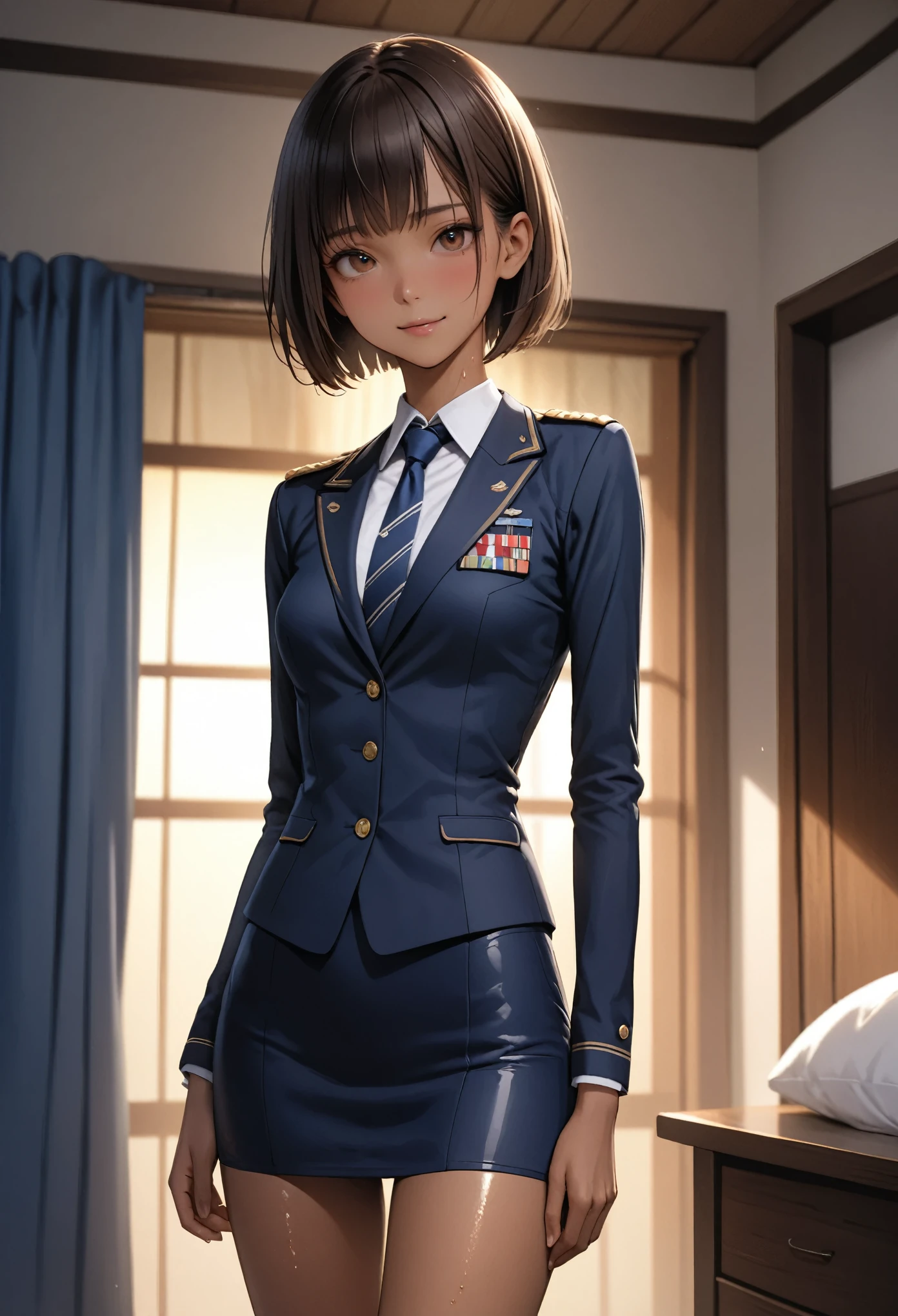 (masterpiece,Highest quality:1.3,best quality illustration,realistic),cowboy shot,1woman,20 year old Japanese beauty,((very small head:1.3)),brown short bob hair,bangs,brown eyes,gorgeous eyes,blush,smile,small breasts,((very long body:1.3)),((toned body,slender body,skinny,tan skin)),(navy uniform、Dark blue blazer jacket、White Shirt、Navy blue tie、Navy blue tight skirt),gleaming skin,shiny skin,sweat,standing,Bedroom、Naval Base、