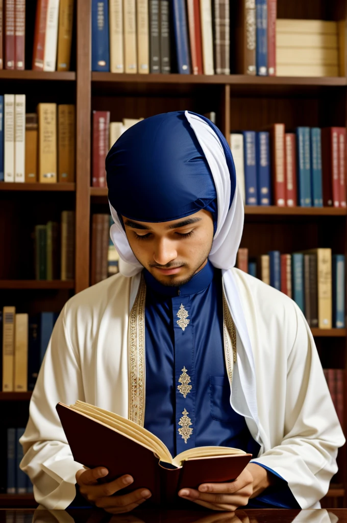 a person with a glowing face wearing formal Islamic clothes reading a book in the library