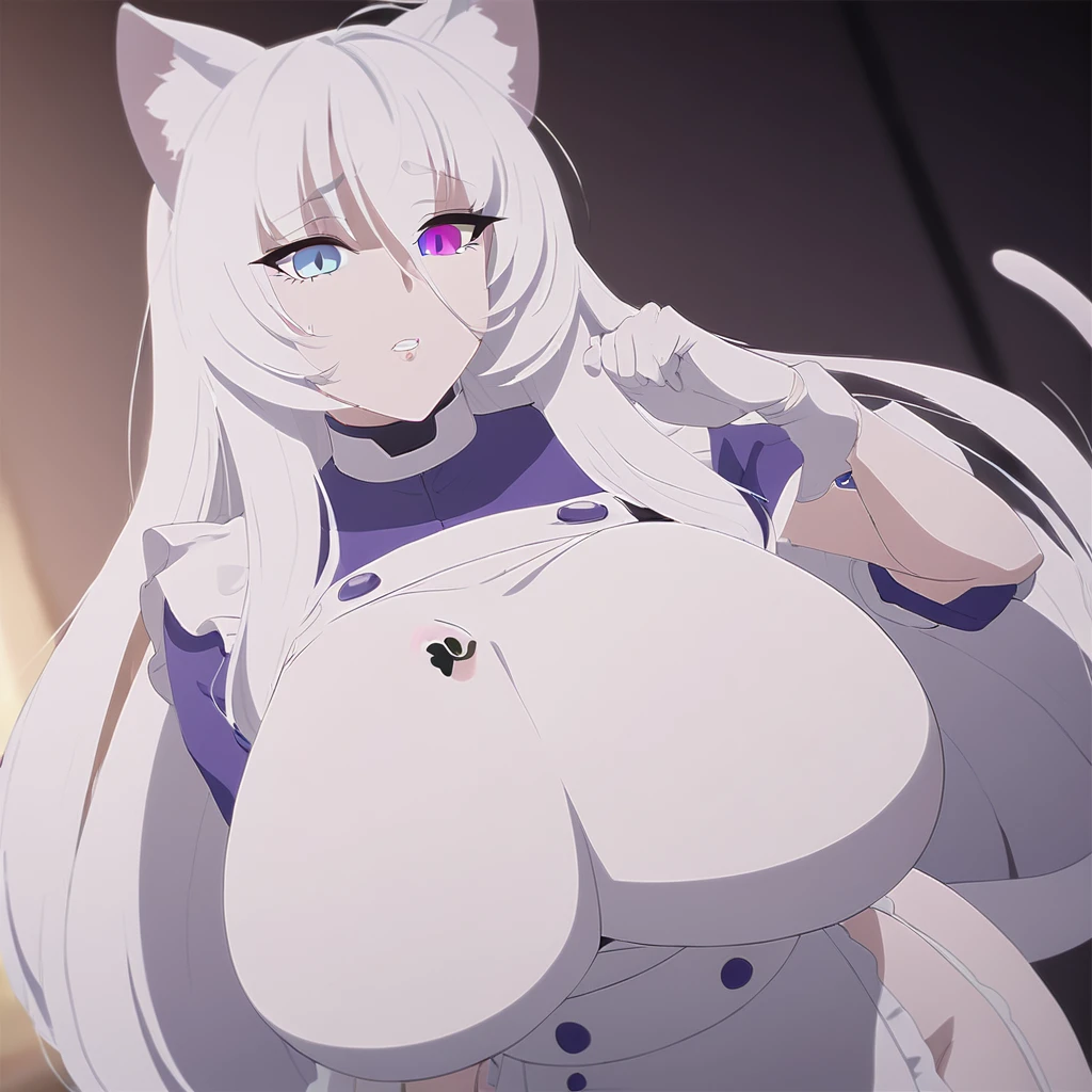 beautiful white neko, long white neko ears, white neko tail, anime style, purple eye, blue eye, big breasts, extremely detailed eyes and face, Wearing White and Purple Mechanic outfit, white long hair, heterochromia, wide waist, mature woman, black small beauty mark under right eye