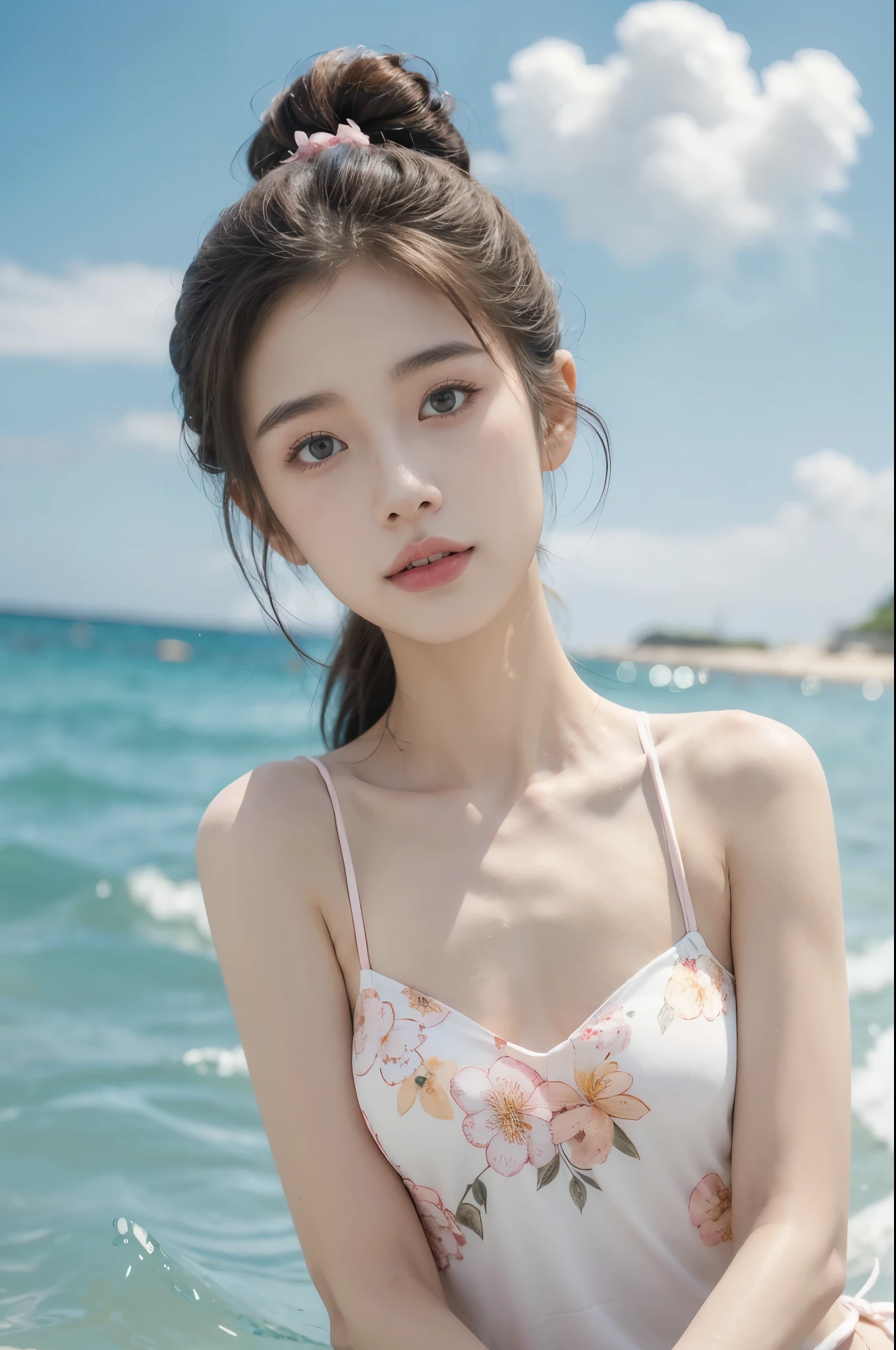 (((best quality))),(((ultra detailed))),(((masterpiece))),illustration,(1 beautiful young girl,solo),((slim,thin,small breasts,flat chest)),(short ponytail:1.2),summer, seaside,sun-kissed skin, white sand,radiant face,(pink floral swimsuit:1.3), vibrant hues, clear blue sky, ocean, shore, rhythmic soundscape, azure waves, white foam, seagulls, soaring, cries, symphony, carefree abandon, body language, confidence, joy, hands outstretched,sheer bliss, sun, warm glow, careful brushstrokes, life-like, interplay of light and shadow, gentle ripples, fine texture, facial expression, serene, emotion, connection, beauty, celebration, youth, pure joy, , longing, nostalgia, carefree days, sound of waves, warmth of sun, skin, lyrics, song, immersion, beauty of summer's day, sea,((from front,upper body))