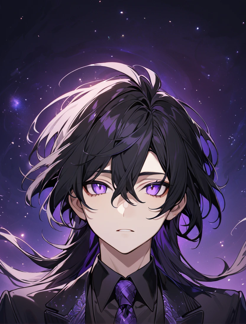 (black_hair), (long_male_hair), (deep_purple_eyes), (high_detailed_eyes), (attractive), (emotionless), (Deep_space_background), (male), (wearing _a_black_suit), (long_male_hair), (detailed_Hair), (detailed), (detailed_mouth), (close_up), (vertical_slit_pupils)