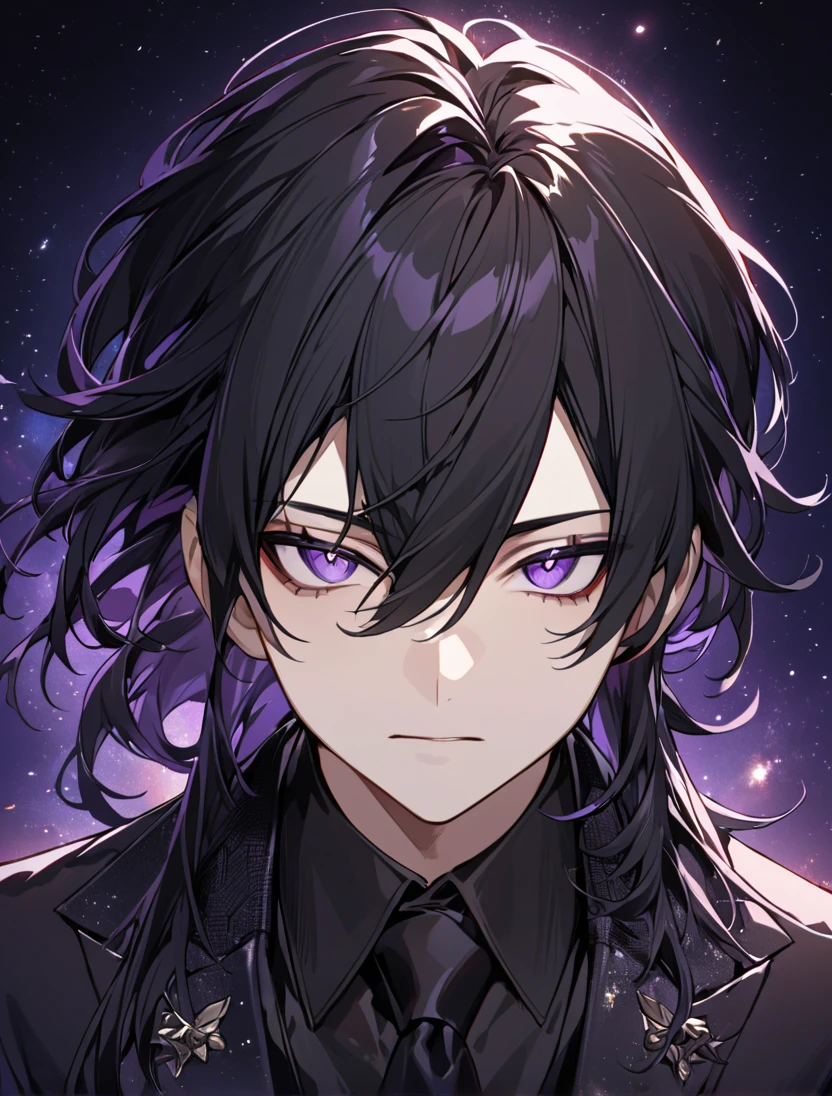 (black_hair), (long_male_hair), (deep_purple_eyes), (high_detailed_eyes), (attractive), (emotionless), (Deep_space_background), (male), (wearing _a_black_suit), (long_male_hair), (detailed_Hair), (detailed), (detailed_mouth), (close_up), (vertical_slit_pupils)