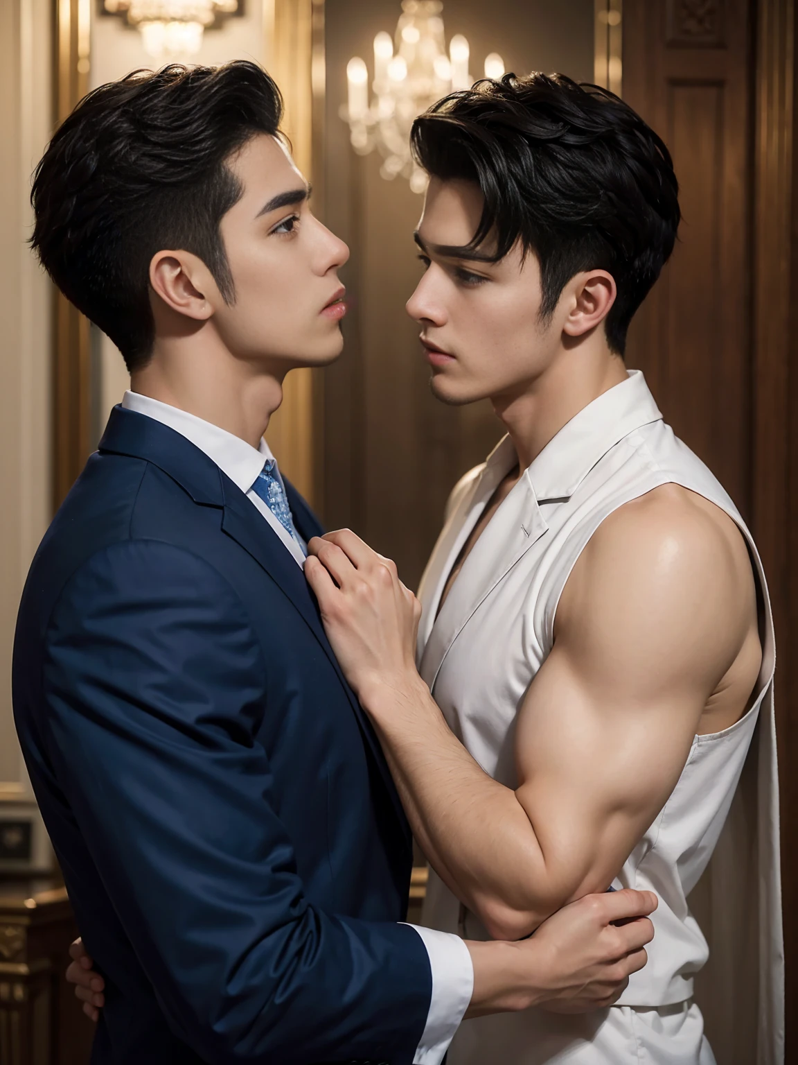 ((masterpiece)),((best quality)),8K,high detail,Very detailed, Very manly，3 men, like，fashion pose, Realistic skin texture, Light,
Royal blue style couple，Perfect hand details