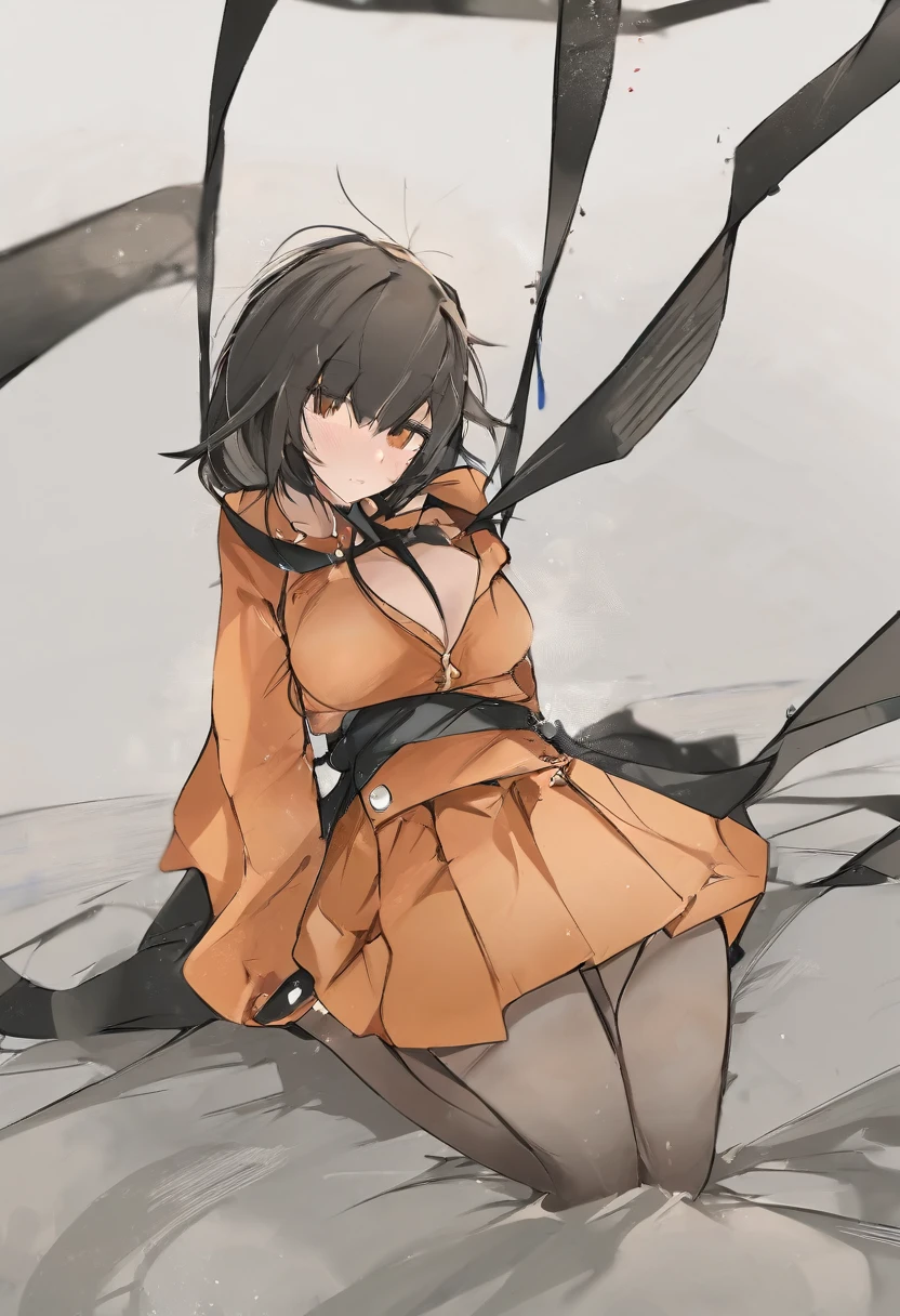 A very beautiful woman, orange skirt, kneeling, tied up, by mikozin