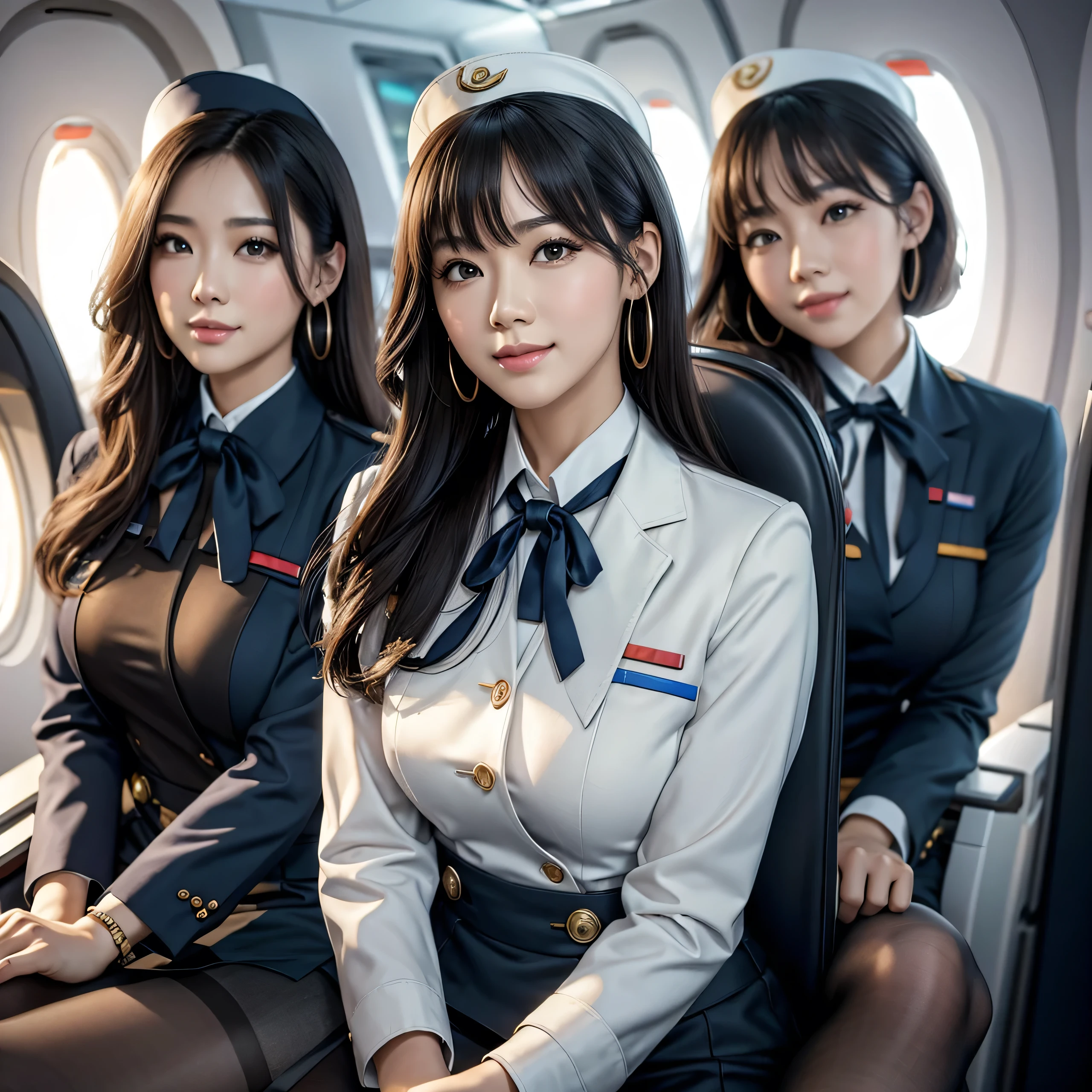(best quality, masterpiece:1.5), (ultra-detailed, realistic:1.37),4K,(3woman:1.5),Chinese,cute,beautiful,(Air hostess:1.3),stewardess,(miniskirt),(black pantyhose:1.2),sitting