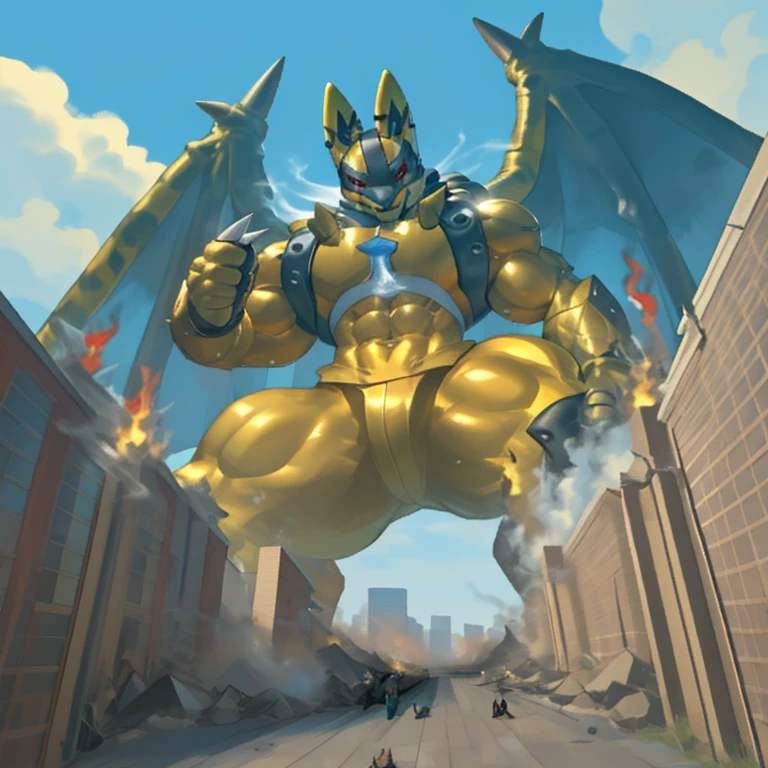 (Solo. masterpiece. official art. 8k. best quality. detailed full body. full body.)
(situation 1 : dominating Shiny_Mega_Lucario. focus GIANT mechanical Muscular Shiny_Mega_Lucario is trampling the CITY. macro. stomp. Low-angle perspective. emphasizing the immense size. The perspective is from below, emphasizing the sheer majesty and power of the Giant. giant art. He is much bigger than a skyscraper. Giga Giants. micro soccer field. looking down.)
(situation 2 :smoke and flames rising from the destruction in the city)
(Additional details 1: wearing a full-face helmet. golden armor. high-tech bio-mecha armor. real texture material.).
(Additional details 2: (Detailed head. Detailed Body. Detailed abs. gigantic muscles. HYPER MUSCLES. Gigachad Muscular. big muscle. pecs. triceps. traps. unusually developed muscular body. body full of huge muscles. showing off muscles. pectorales enormes. Exaggeratedly huge muscles. huge muscles. long legs.).
(Additional details 3: nj5furry, Spread wings. It has wings. black have big wings. The claws are sharp. Sharp teeth.5 toes.).