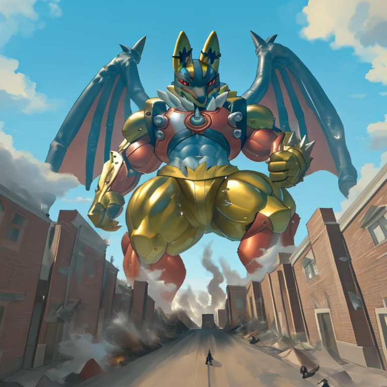 (Solo. masterpiece. official art. 8k. best quality. detailed full body. full body.)
(situation 1 : dominating Shiny_Mega_Lucario. focus GIANT mechanical Muscular Shiny_Mega_Lucario is trampling the CITY. macro. stomp. Low-angle perspective. emphasizing the immense size. The perspective is from below, emphasizing the sheer majesty and power of the Giant. giant art. He is much bigger than a skyscraper. Giga Giants. micro soccer field. looking down.)

(situation 2 :smoke and flames rising from the destruction in the city)
(Additional details 1: wearing a full-face helmet. golden armor. high-tech bio-mecha armor. real texture material.).

(Additional details 2: (Detailed head. Detailed Body. Detailed abs. gigantic muscles. HYPER MUSCLES. Gigachad Muscular. big muscle. pecs. triceps. traps. unusually developed muscular body. body full of huge muscles. showing off muscles. pectorales enormes. Exaggeratedly huge muscles. huge muscles. long legs.).

(Additional details 3: nj5furry, Spread wings. It has wings. black have big wings. The claws are sharp. Sharp teeth.5 toes.). 