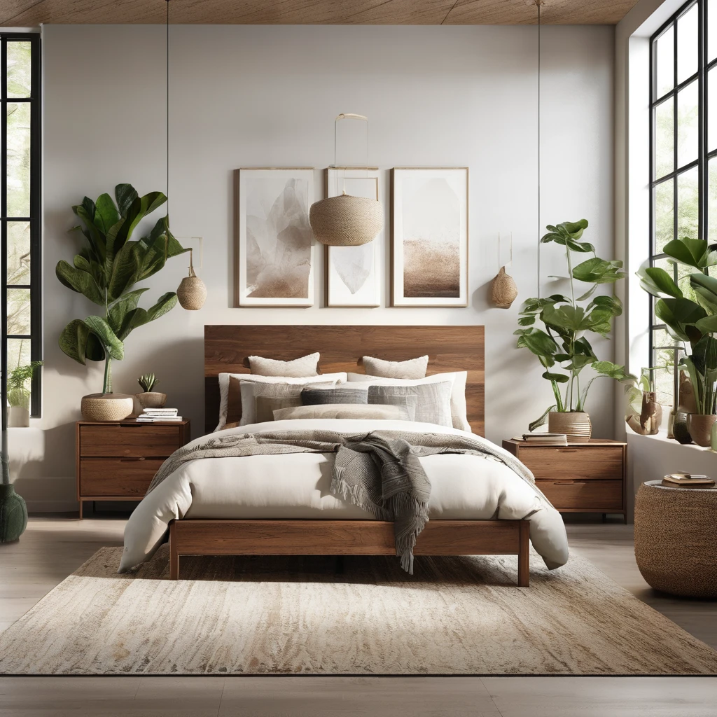 "Design a bedroom setting inspired by nature, featuring organic textures and earthy tones. Utilize elements like wooden furniture, plants, and natural light to bring a sense of tranquility and harmony to the space."