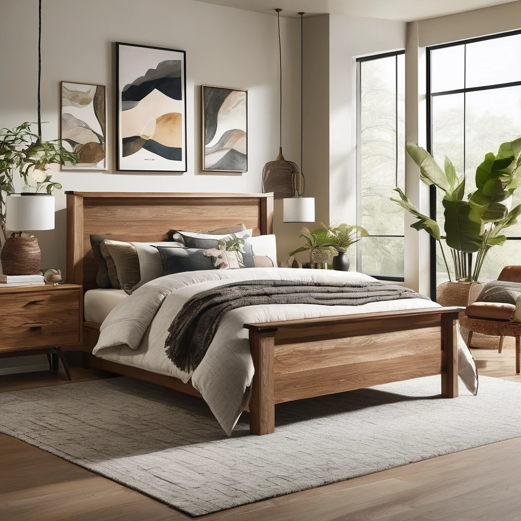 "Design a bedroom setting inspired by nature, featuring organic textures and earthy tones. Utilize elements like wooden furniture, plants, and natural light to bring a sense of tranquility and harmony to the space."