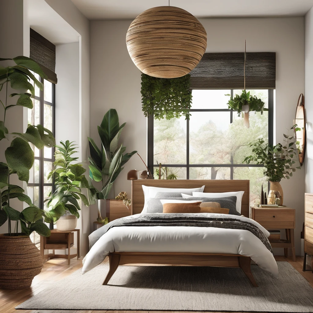 "Design a bedroom setting inspired by nature, featuring organic textures and earthy tones. Utilize elements like wooden furniture, plants, and natural light to bring a sense of tranquility and harmony to the space."