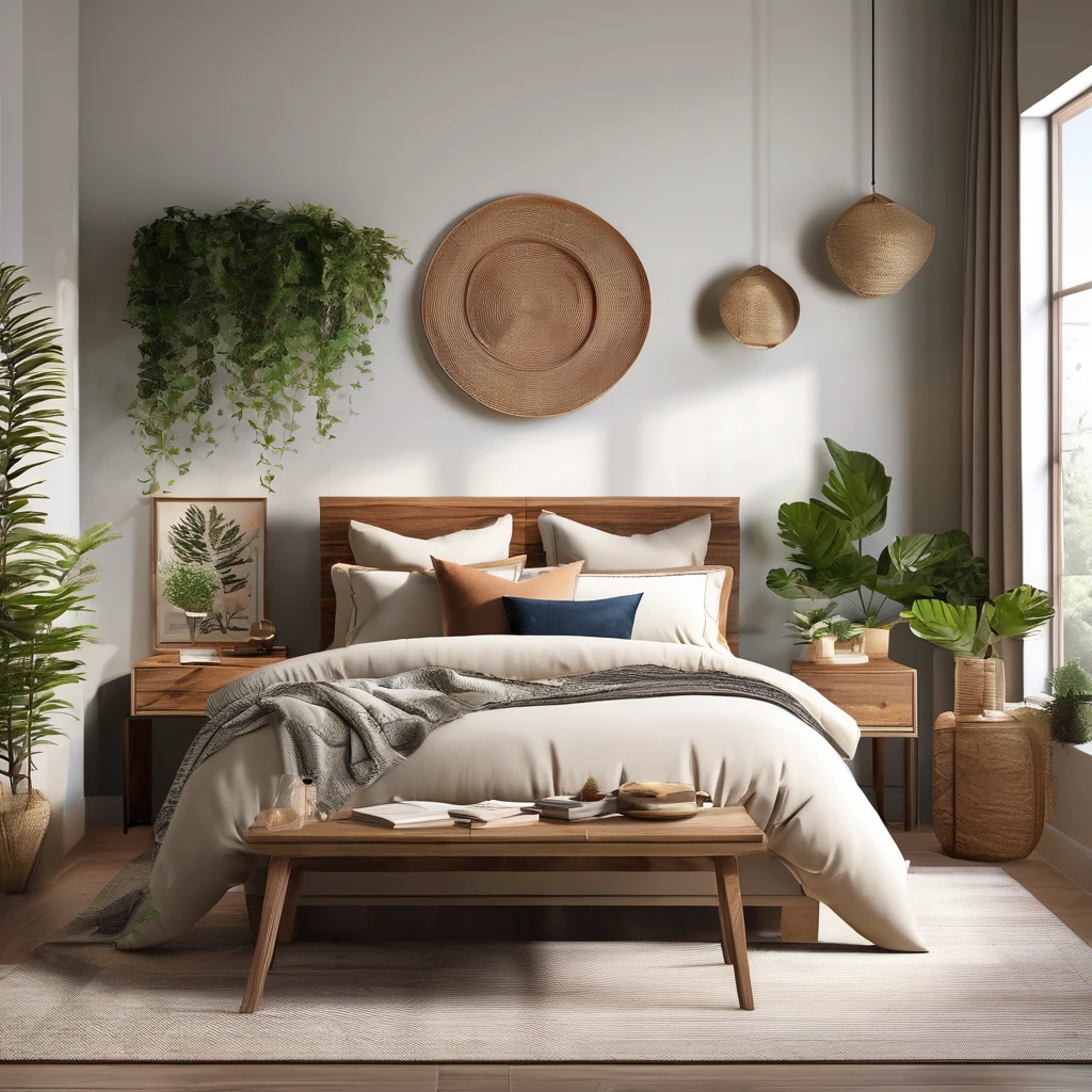 "Design a bedroom setting inspired by nature, featuring organic textures and earthy tones. Utilize elements like wooden furniture, plants, and natural light to bring a sense of tranquility and harmony to the space."