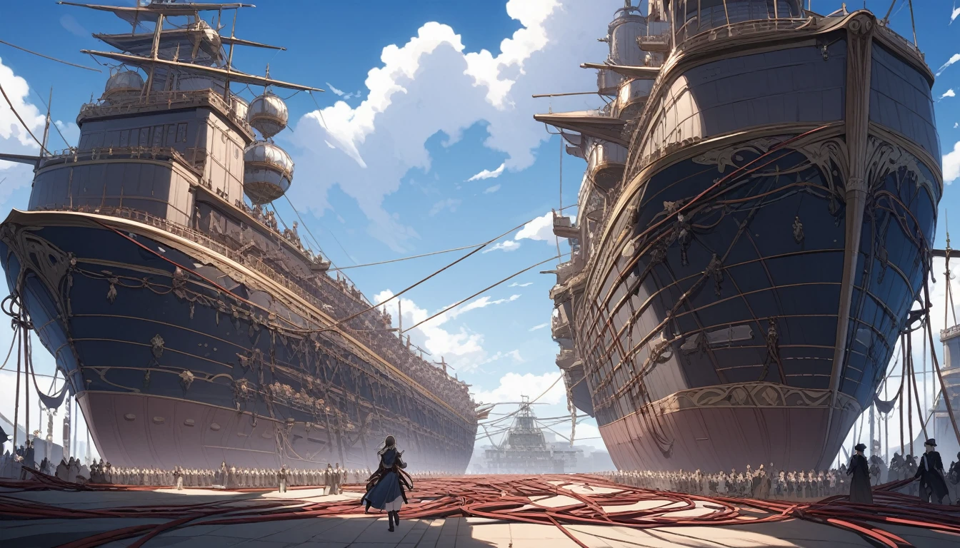 A mighty airship floating in a beautiful blue sky、There are so many cords and piping, it's like blood vessels.、Looks like a living thing。A majestic figure cutting through the thunderstorm and clouds