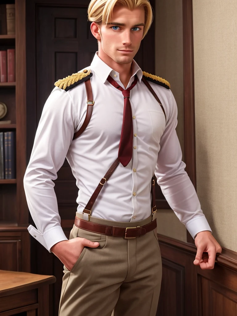 handsome muscular blond British officer of the 19th century in breeches, shirt, and removed suspenders