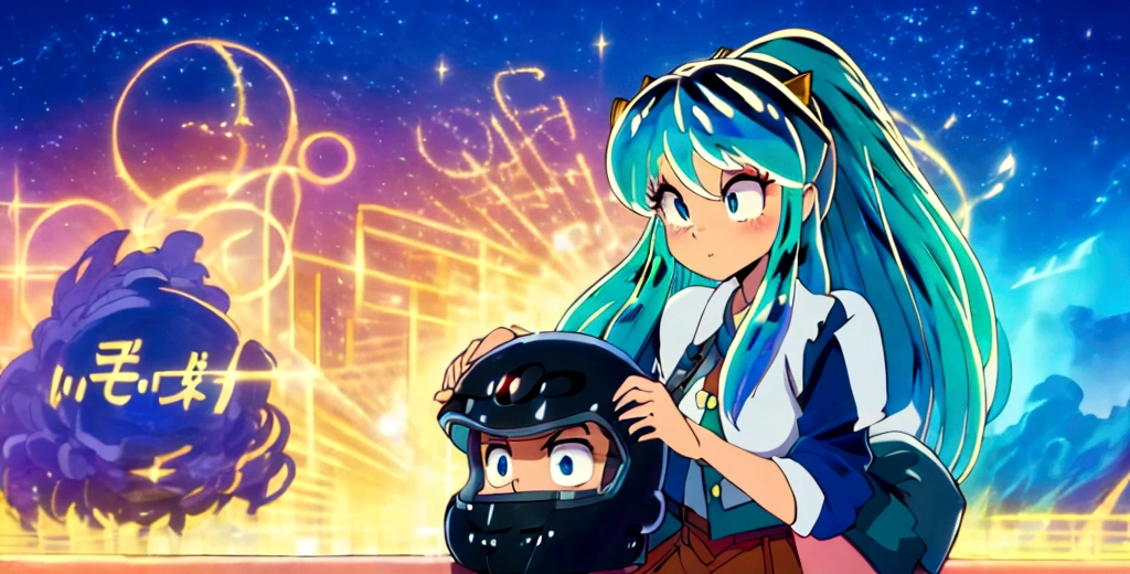 (score_9, score_8_up, score_7_up), lum, long hair, bangs, blue hair, blue eyes, aqua hair, horns, eyeshadow, large breasts, looking at viewer, blush, a person riding a motorcycle, no helmet, leather jacket, hair blowing in the wind, on an overpass, neon city lights, left hand on the handlebar, (best quality,4k,8k,highres,masterpiece:1.2),ultra-detailed,detailed face and eyes, highly detailed, cinematic lighting, vibrant colors, dramatic atmosphere, motion blur, depth of field, licking a Chupa Chups lolly, pleasure on her face, bliss, mischievous smirk, intricate detailed facial features, high quality, 8k, beautiful detailed eyes, beautiful detailed lips, extremely detailed face, long eyelashes, vibrant colors, warm lighting, cinematic composition, dreamy atmosphere, fantasy, whimsical, magical realism, close-up motorcycle, from side, (full body),(score_9, score_8_up, score_7_up), AtaruMoroboshi,1boy, a boy on a motorcycle carrying a girl, boy wearing helmet, BREAK, lum,1girl, long hair, bangs, blue hair, blue eyes, aqua hair, horns, eyeshadow, large breasts, looking at viewer, blush, not wearing helmet, beautiful detailed face, beautiful detailed eyes, extremely detailed face, photorealistic, high quality, 8k, masterpiece, cinematic lighting, vibrant colors, dramatic lighting, epic, adventure, motion blur, dynamic composition, detailed background, lush vegetation