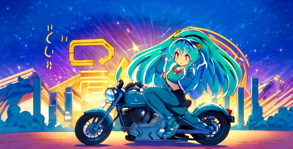 (score_9, score_8_up, score_7_up), lum, long hair, bangs, blue hair, blue eyes, aqua hair, horns, eyeshadow, large breasts, looking at viewer, blush, a person riding a motorcycle, no helmet, leather jacket, hair blowing in the wind, on an overpass, neon city lights, left hand on the handlebar, (best quality,4k,8k,highres,masterpiece:1.2),ultra-detailed,detailed face and eyes, highly detailed, cinematic lighting, vibrant colors, dramatic atmosphere, motion blur, depth of field, licking a Chupa Chups lolly, pleasure on her face, bliss, mischievous smirk, intricate detailed facial features, high quality, 8k, beautiful detailed eyes, beautiful detailed lips, extremely detailed face, long eyelashes, vibrant colors, warm lighting, cinematic composition, dreamy atmosphere, fantasy, whimsical, magical realism, close-up motorcycle, from side, (full body),(score_9, score_8_up, score_7_up), AtaruMoroboshi,1boy, a boy on a motorcycle carrying a girl, boy wearing helmet, BREAK, lum,1girl, long hair, bangs, blue hair, blue eyes, aqua hair, horns, eyeshadow, large breasts, looking at viewer, blush, not wearing helmet, beautiful detailed face, beautiful detailed eyes, extremely detailed face, photorealistic, high quality, 8k, masterpiece, cinematic lighting, vibrant colors, dramatic lighting, epic, adventure, motion blur, dynamic composition, detailed background, lush vegetation