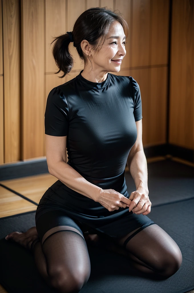 (masterpiece:1.4),(Beautiful 61 year old woman:1.5),(Facial wrinkles : 1.2), (facing away : 1.1), happy, smile, (ponytail : 1.1), (short sleeve black mourning dress), (mid-length dress), (black nylon tights : 1.2), Motherhood Mature Woman, thick legs, (focus on legs : 1), (on knees : 1.1), on tatami, japanese house