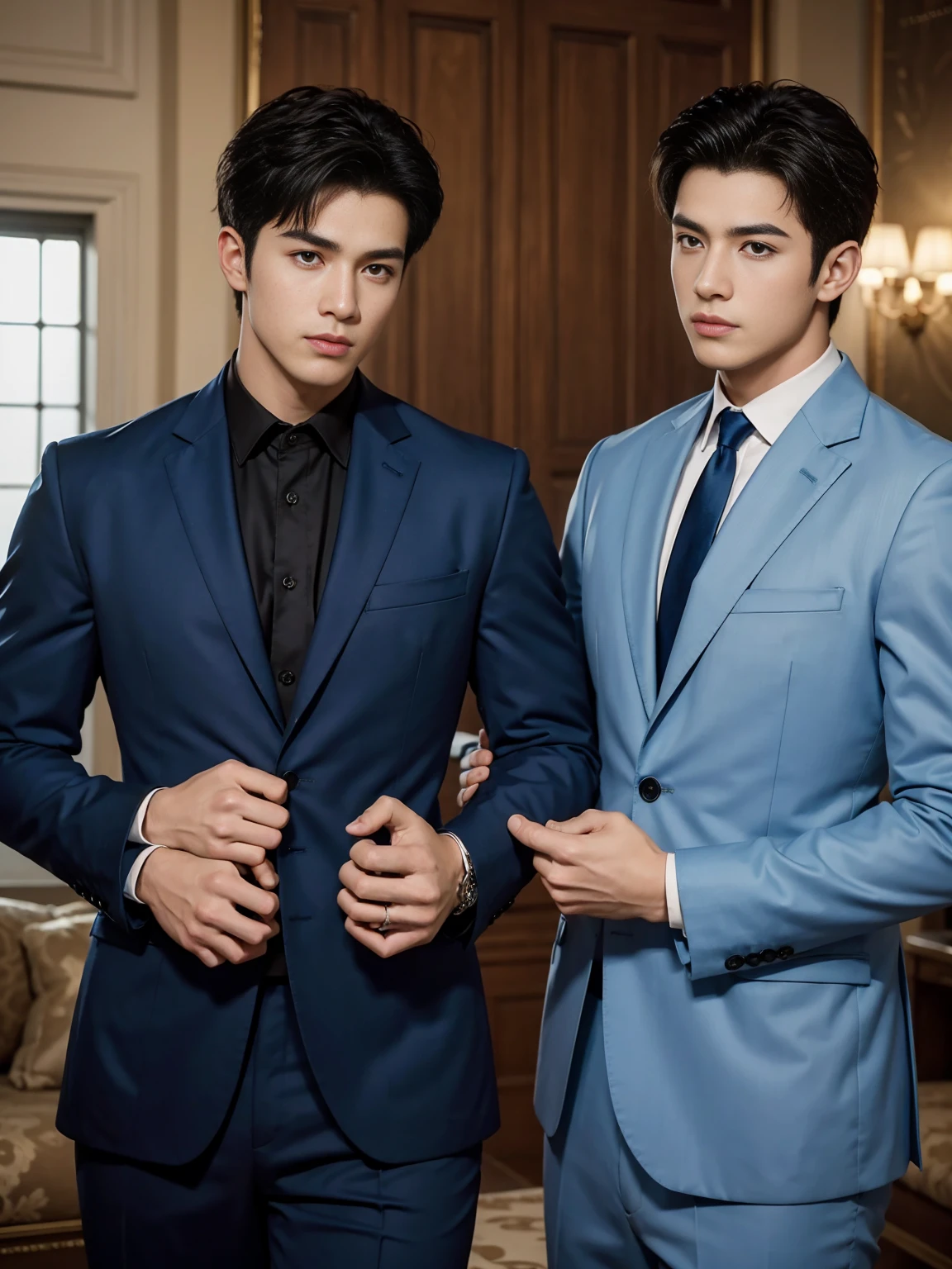 ((masterpiece)),((best quality)),8K,high detail,Very detailed, Very manly，3 men, like，fashion pose, Realistic skin texture, Light,
Royal blue style couple