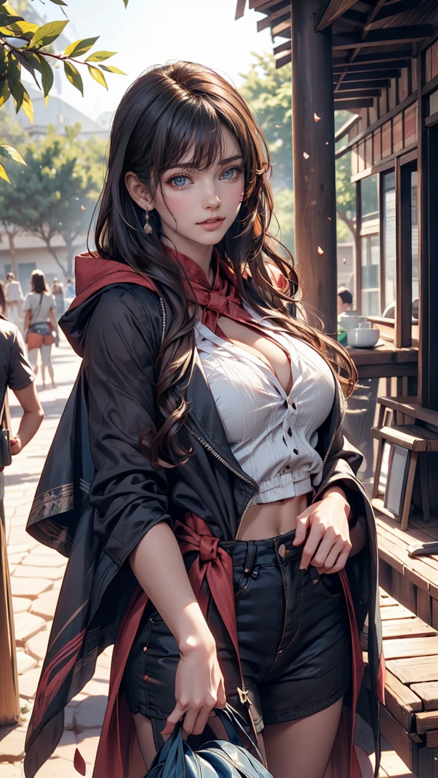 24-year-old woman、Walking in the Sahara Desert、Oasis is nearby、Wear a cape and hood to avoid the strong sunlight、Cover your face with a cloth to protect from dust、