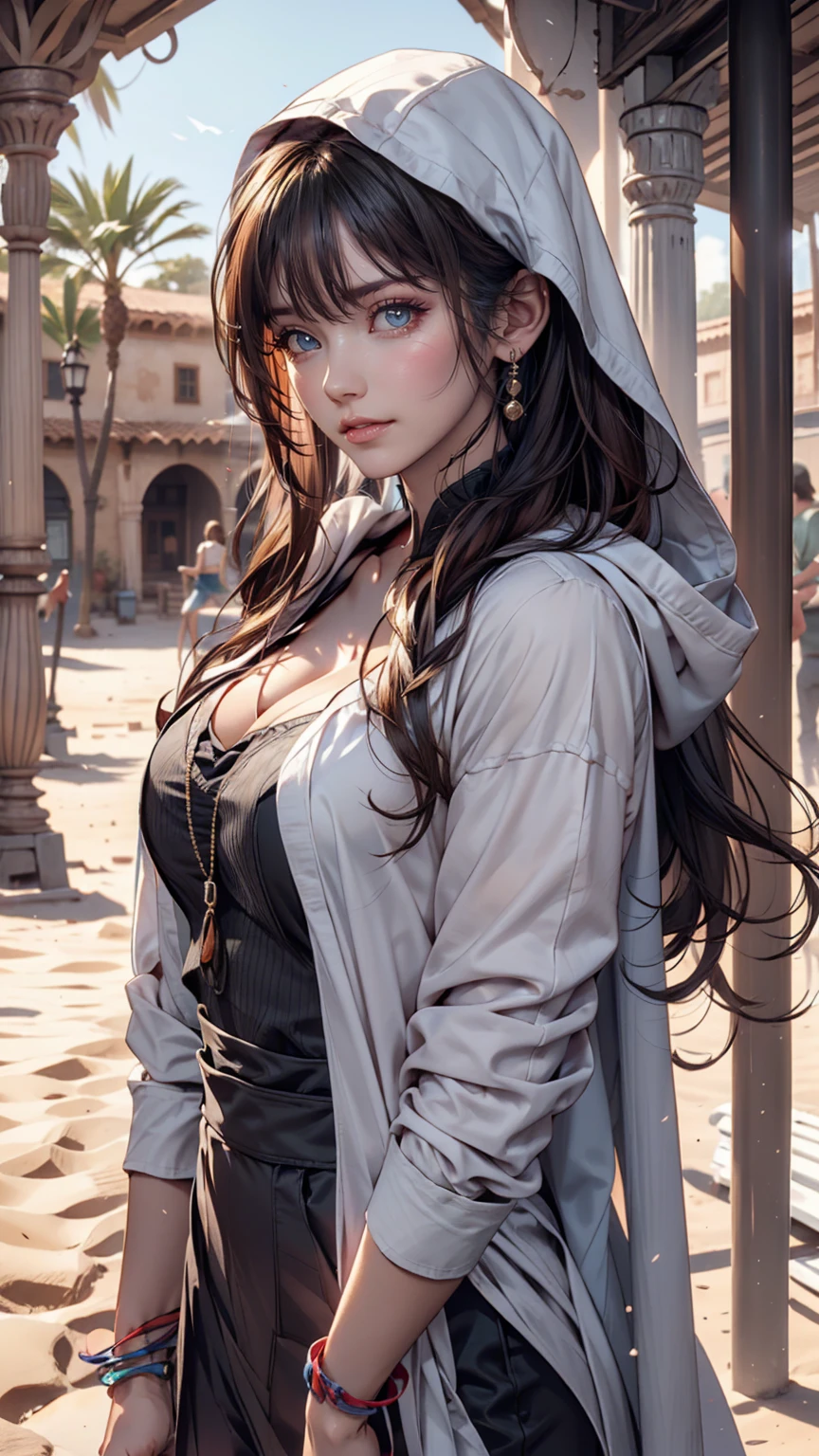 24-year-old woman、Walking in the Sahara Desert、Oasis is nearby、Wear a cape and hood to avoid the strong sunlight、Cover your face with a cloth to protect from dust、