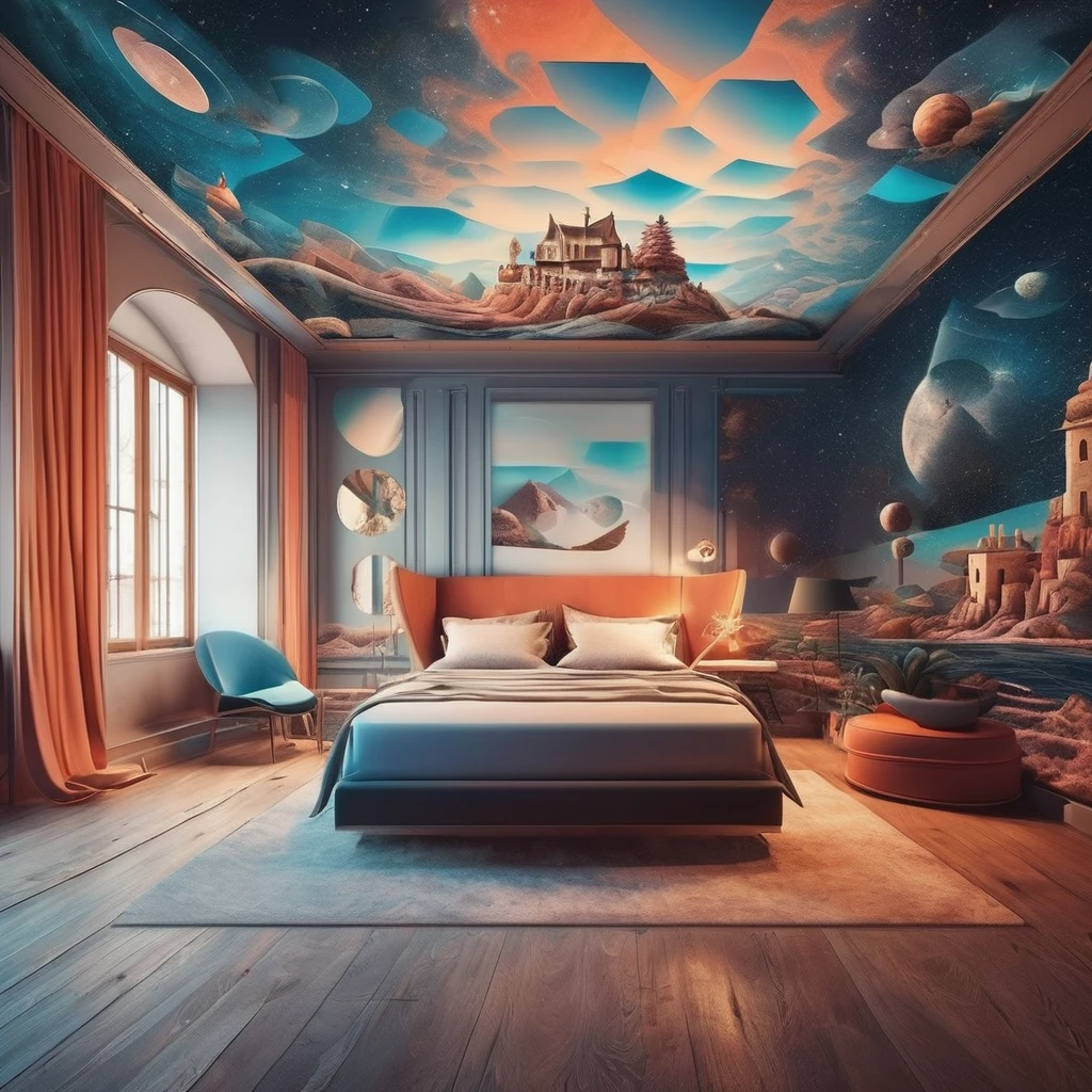 "Imagine a surreal, dreamlike bedroom landscape with floating elements and optical illusions. Experiment with perspective and distorted shapes to challenge the viewer's perception and create a whimsical, otherworldly atmosphere."