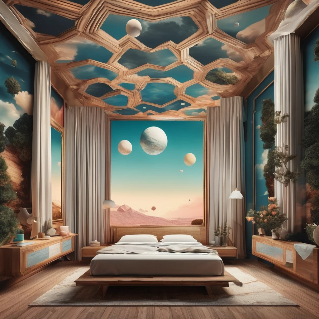 "Imagine a surreal, dreamlike bedroom landscape with floating elements and optical illusions. Experiment with perspective and distorted shapes to challenge the viewer's perception and create a whimsical, otherworldly atmosphere."