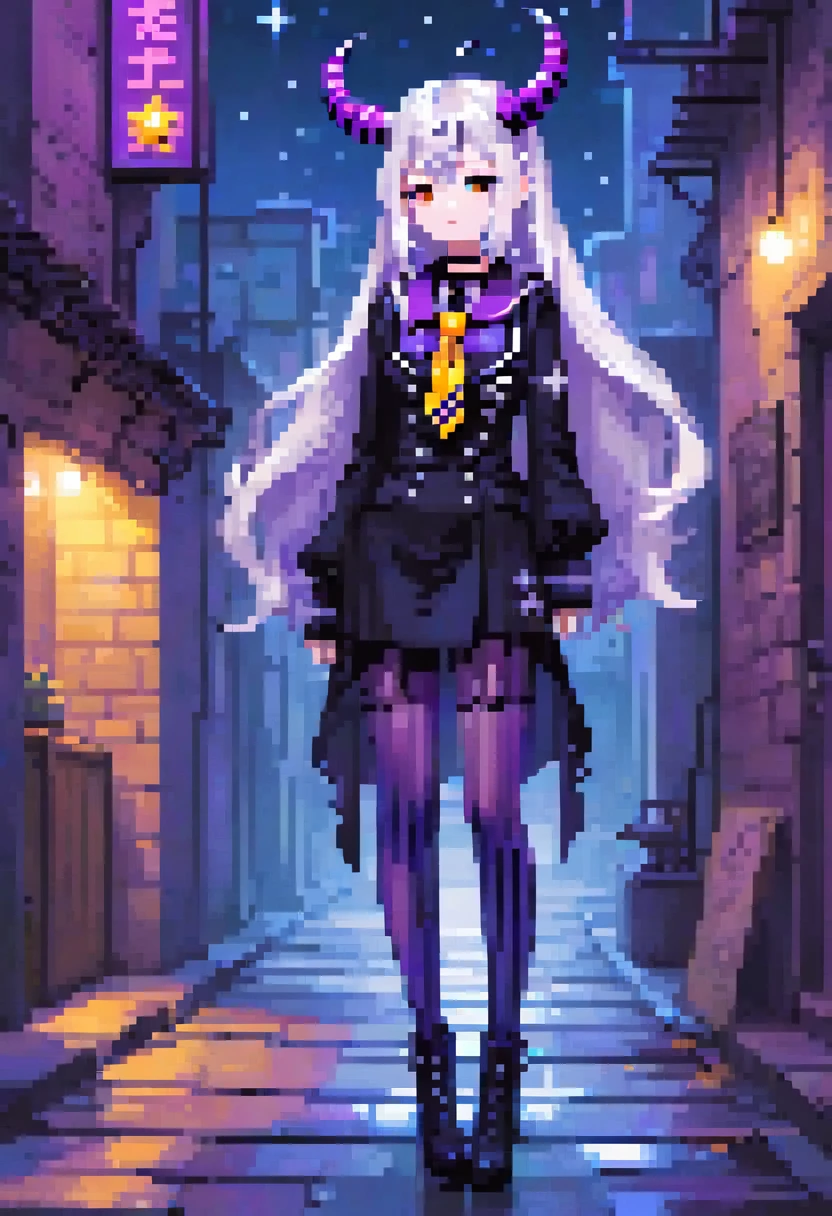 1girl, Neon Night、neon sign、City、red and blue light、Laplus Darknesss、A detailed illustration of a character with long white hair and black and purple striped horns. She is wearing a black outfit with a purple sailor-style collar and a yellow tie. Her outfit features star decorations, and she has asymmetric tights with one leg in black and the other in white. The character has a gothic, mystical aesthetic and stands in an alleyway with a serious expression.
