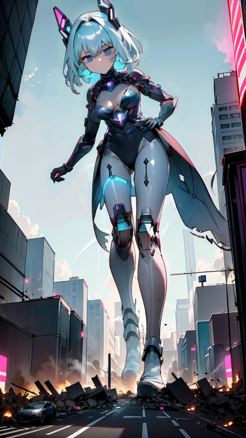 In a futuristic metropolis, the Giantess Goddess with sleek silver skin and neon-blue eyes towers over the city. Normal-sized humans flee in terror as she steps forward, each tremor causing buildings to collapse. She plucks people from the streets, savoring their panic and pain.

