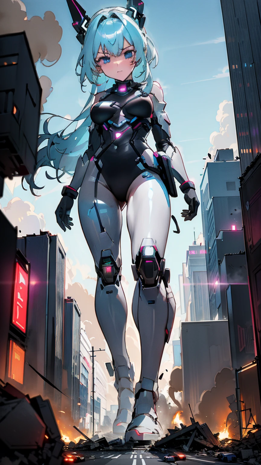 In a futuristic metropolis, the Giantess Goddess with sleek silver skin and neon-blue eyes towers over the city. Normal-sized humans flee in terror as she steps forward, each tremor causing buildings to collapse. She plucks people from the streets, savoring their panic and pain.

