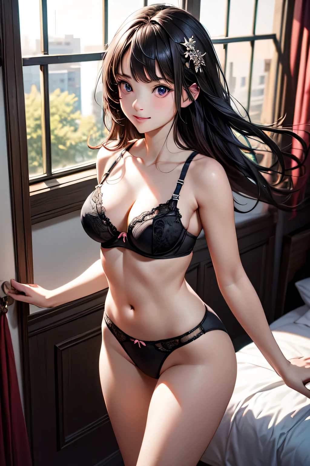 very cute and beautiful girl,,(highly detailed beautiful face),nice smile
cowboy shot,looking at viewer,Chubby body type
BREAK hair ornament,black hair
(best quality,masterpiece:1.0),absurdres,highres,ultra-detailed,extremely detailed,32k,8k resolution,
intricate details,cinematic scene,detailed background,solo,dynamic angle,
natural lighting,hair fluttering in the wind,beautiful detailed sky,
With legs apart,In underwear(pink_BLACK_lace bra pink_BLACK_ lace panties),bedroom,