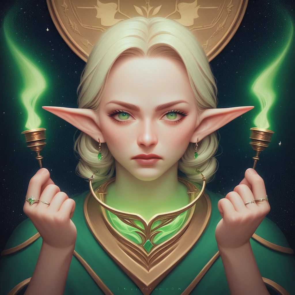 A captivating piece of pop art by artist Cepriu, featuring a seductive Green Lantern elf flying through space. The illustration has a vintage comic book feel, with the lovely elf looking at the viewer, displaying a luminescent Green Lantern ring on her finger, her fist clenched and leaving a trail of swirling green energy in her wake. The background shows the vastness of space, with a distant Earth visible. This work combines elements of illustration, typography, poster design and painting to create a dark fantasy masterpiece., typography, illustration, painting, poster, dark fantasy