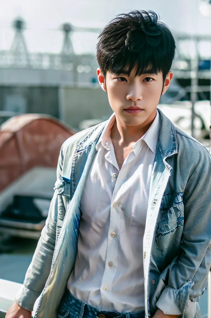 photorealistic ,A young Asian man with large muscles looks at the camera. In a white button-down shirt , seaside beach sunlight looking at the airport