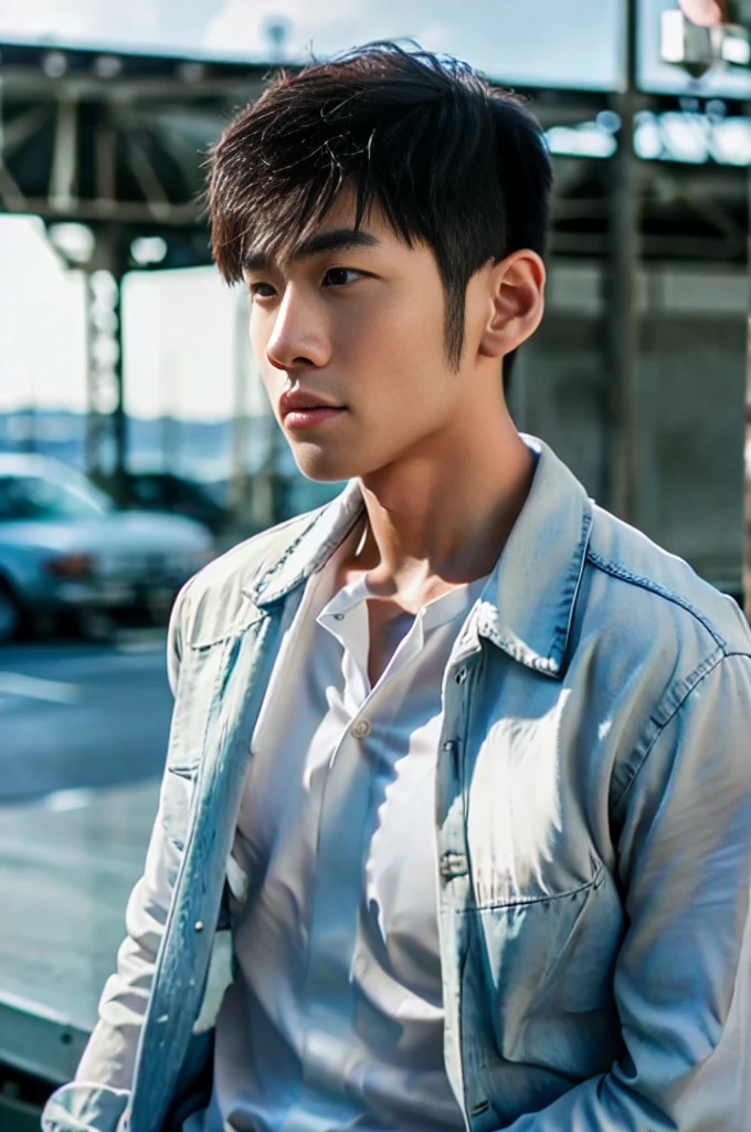 photorealistic ,A young Asian man with large muscles looks at the camera. In a white button-down shirt , seaside beach sunlight looking at the airport