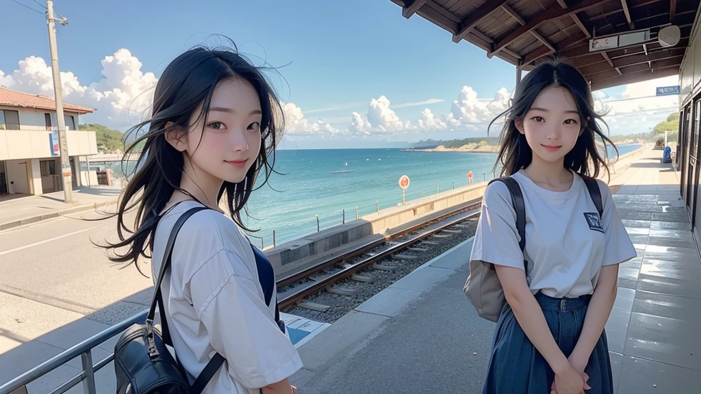 8K、RAW Photos、Highest quality、Super detailed、Super Resolution、Ultra HD、8K壁紙、Amazing details of a rural seaside station、Station platform by the sea、A 16-year-old high school girl waiting for a train on the station platform、Shining Sun、Blue sky、School bag、smile、Midsummer Sun、You can see the ocean
