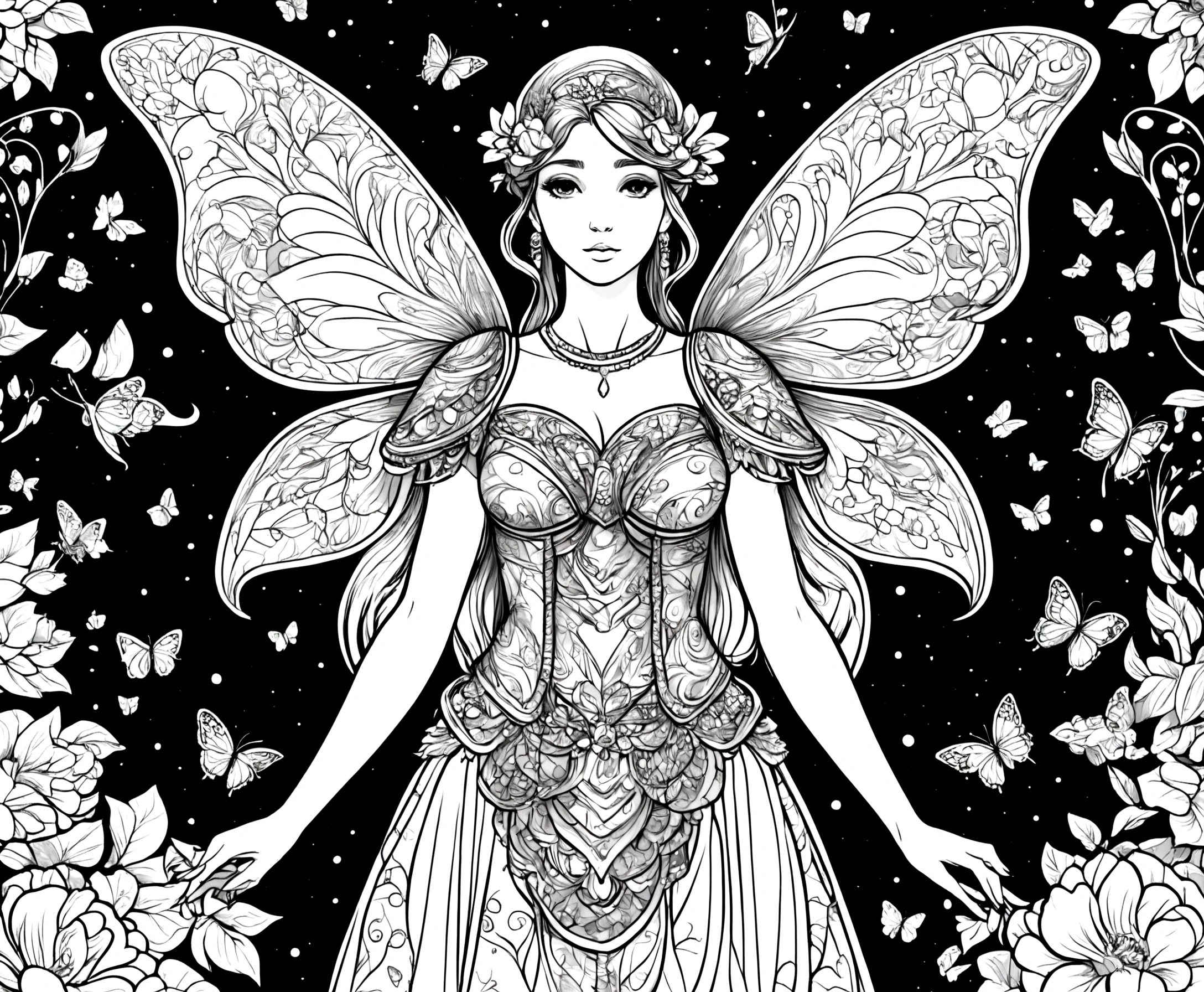 a fairy with gigantic breast in a ornamental outfit posing in a garden, wearing an ornate outfit, wearing ornate clothing, clean line art, white background, colouring page, clean outline, sketch style, floral frame, decorative panel, abstract ,sketch, character lines and scenes without colors and shadows. (Masterpiece, Best Quality, Highres:1.4), Detailed, Intricate Details, 4K, color splashes, line art