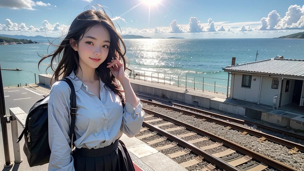 8K、RAW Photos、Highest quality、Super detailed、Super Resolution、Ultra HD、8K壁紙、Amazing details of a rural seaside station、Station platform by the sea、A 16-year-old high school girl waiting for a train on the station platform、Shining Sun、Blue sky、School bag、smile、Midsummer Sun、You can see the ocean
