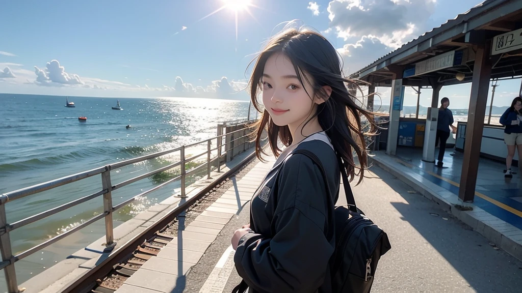 8K、RAW Photos、Highest quality、Super detailed、Super Resolution、Ultra HD、8K壁紙、Amazing details of a rural seaside station、Station platform by the sea、A high school girl waiting for a train on the station platform、Shining Sun、Blue sky、School bag、smile、Midsummer Sun、You can see the ocean