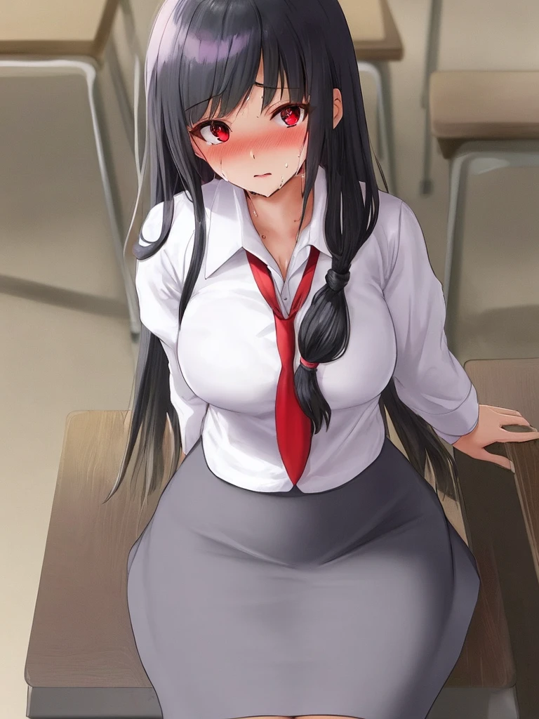 score_9,score_8_up,score_7_up,1girl,Anime girl, sitting at the desk,Long hair,Black hair, Light violet bangs,Red eyes,Annyoned,Solo, Sweating, ,Gray skirt,Black stockings, looking at viewer, School Room, annyoned, Blushing hard,Tall, curvy, Sweating 