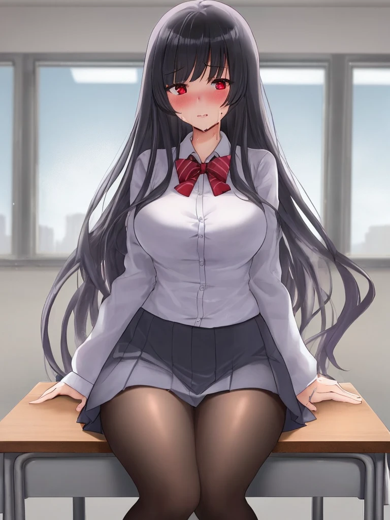 score_9,score_8_up,score_7_up,1girl,Anime girl, sitting at the desk,Long hair,Black hair, Light violet bangs,Red eyes,Annyoned,Solo, Sweating, ,Gray skirt,Black stockings, looking at viewer, School Room, annyoned, Blushing hard,Tall, curvy, Sweating 