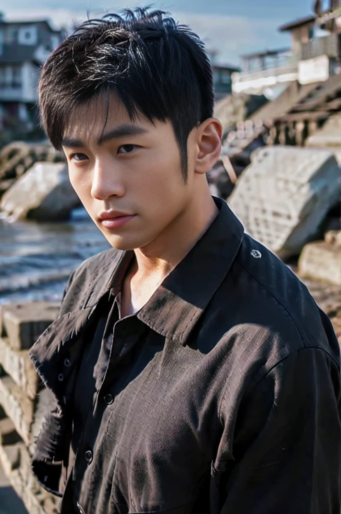 photorealistic ,A young Asian man with large muscles looks at the camera. In a black button-down shirt , seaside beach sunshine looking at the beach