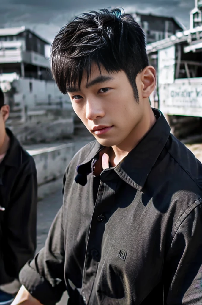 photorealistic ,A young Asian man with large muscles looks at the camera. In a black button-down shirt , seaside beach sunshine looking at the beach