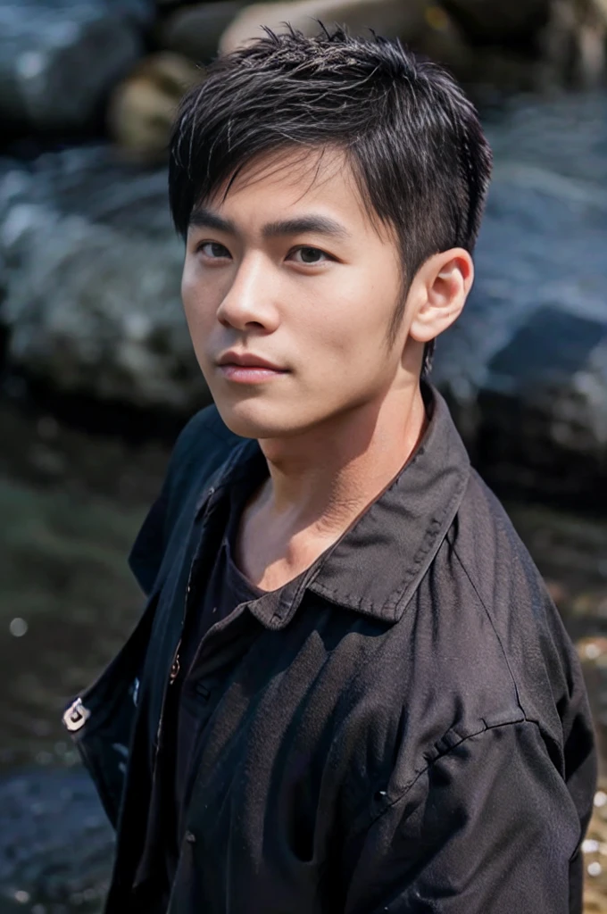 photorealistic ,A young Asian man with large muscles looks at the camera. In a black button-down shirt , seaside beach sunshine looking at the beach