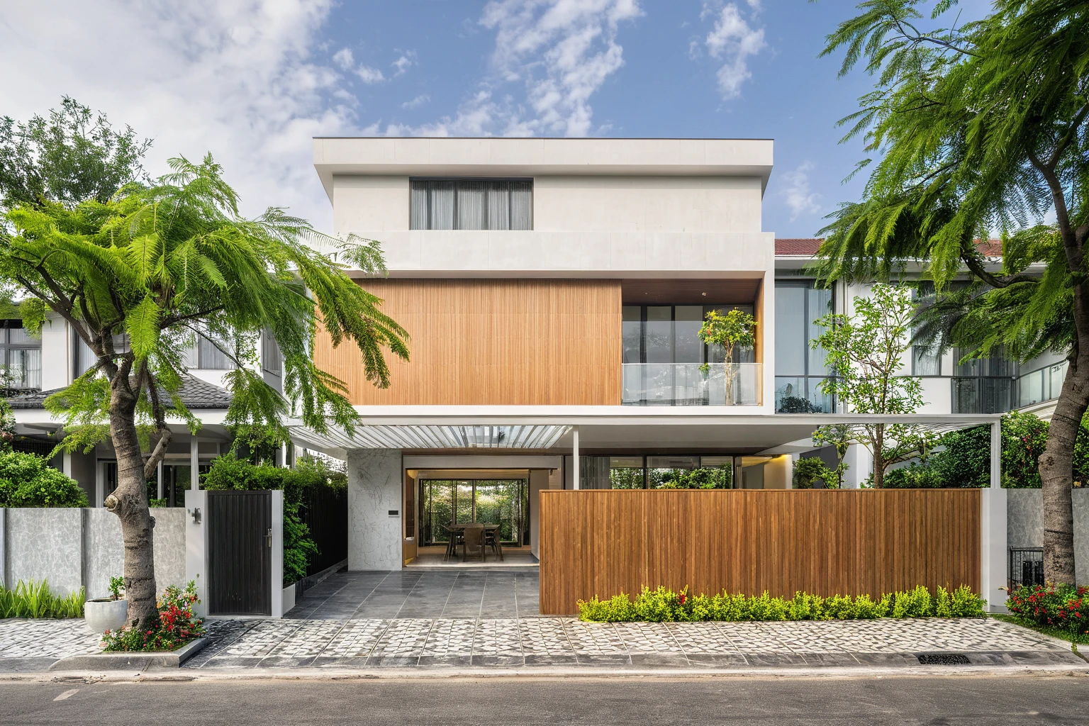 modern villa on street, (daylight), tropical tree, vivid colour, streetcapes, white tone, white wall, large glass door, warm interior lighting, wood and marble, best quality, 17ArchiAI_XL_VL-v1
