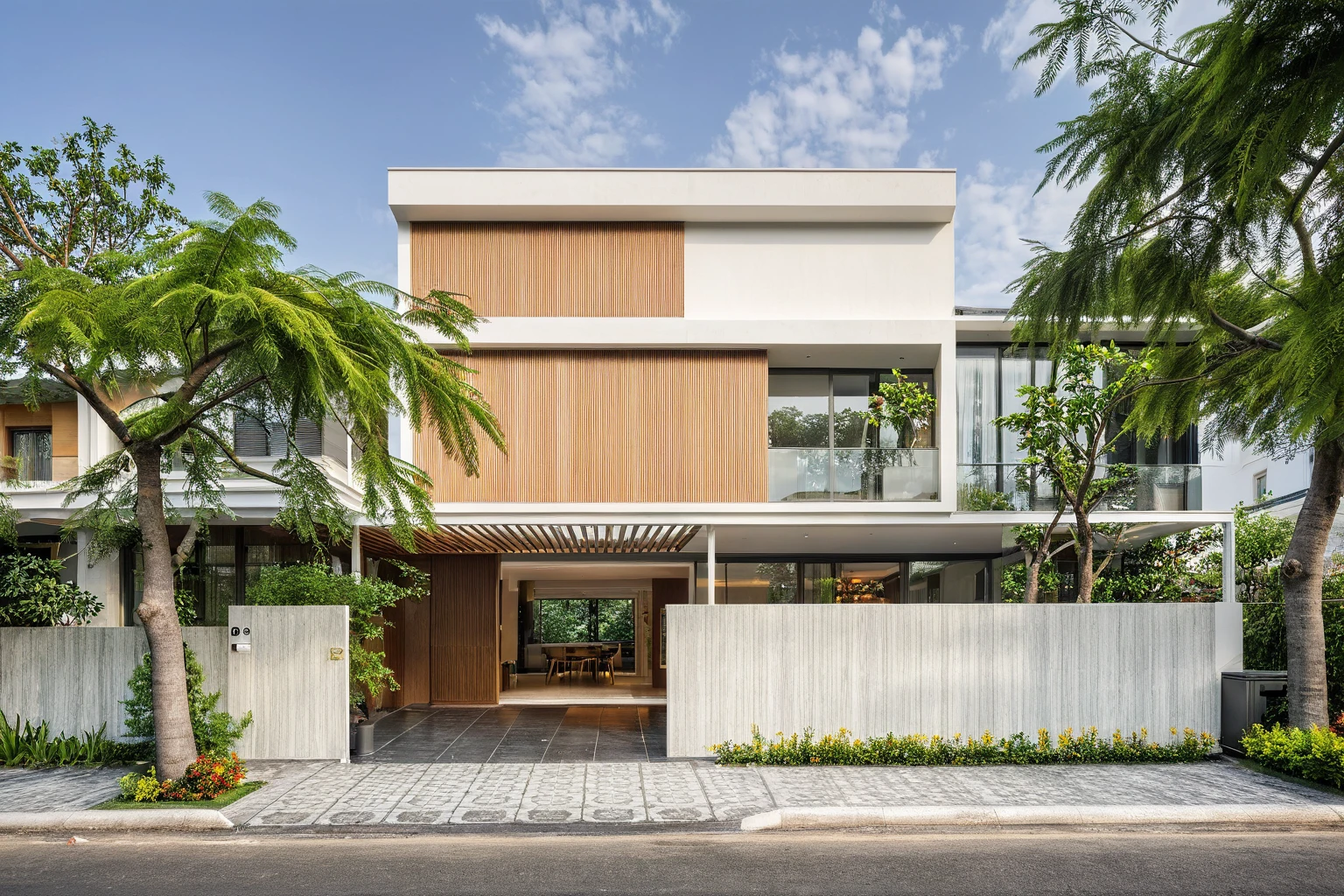 modern villa on street, (daylight), tropical tree, vivid colour, streetcapes, white tone, white wall, large glass door, warm interior lighting, wood and marble, best quality, 17ArchiAI_XL_VL-v1