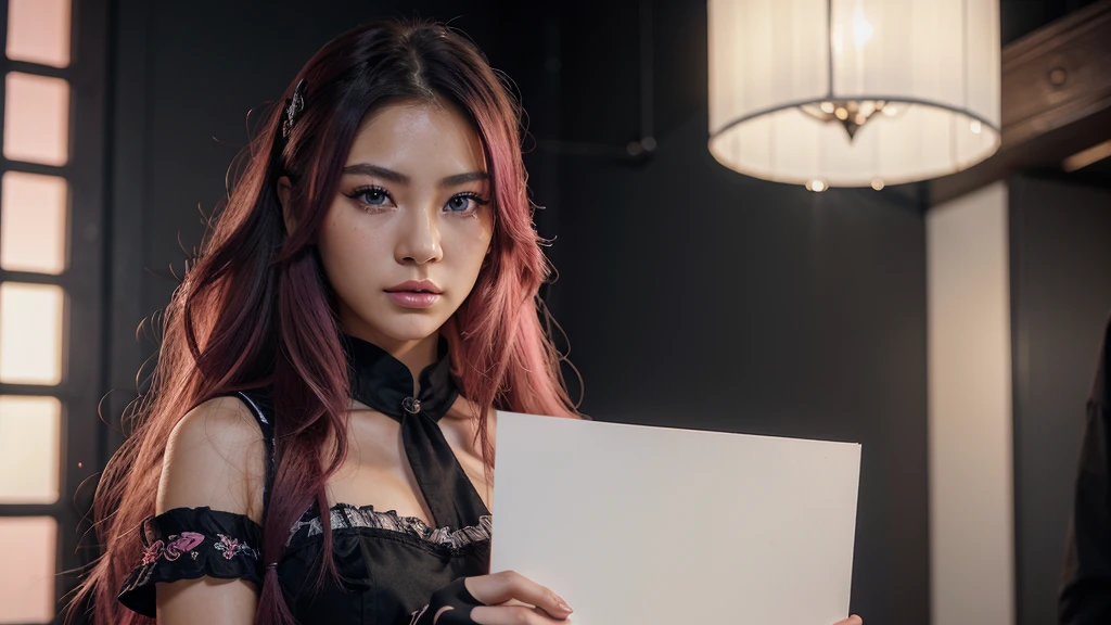 8k, realistic, ultra quality, beatiful asian girl, Stern anime girl, no background, (Highest Quality, Amazing Details:1.25), cinematic lighting, unique, whole body in picture, black gloves, high-quality, very long hair, hair intakes, makeup, lipstick, eyelashes, ultra detailed eyes, ultra detailed face, ultra detailed lips, ultra detailed lipstick, ultra detailed makeup, 18 years girl, blue eyes, pink hair, masterpiece, 8k, holding a blank paper