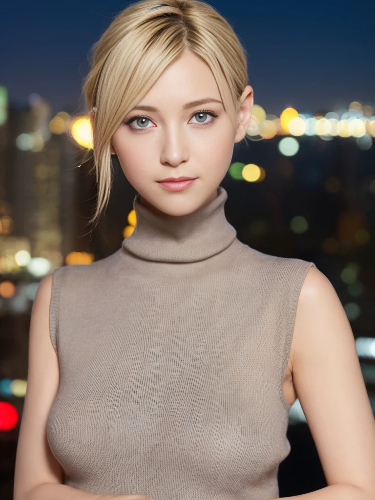 1 girl,(Wearing a sleeveless turtleneck sweater:1.4),(RAW photo, highest quality), (realistic, photo-realistic:1.4), masterpiece, very delicate and beautiful, very detailed, 2k wallpaper, wonderful, finely, very detailed CG unity 8k wallpaper, super detailed, High resolution, soft light, beautiful detailed girl, very detailed eyes and face, beautifully detailed nose, beautiful and fine eyes,cinematic lighting,city light at night,perfect anatomy,slender body,close,(smile),blonde hair,hands folded behind her back